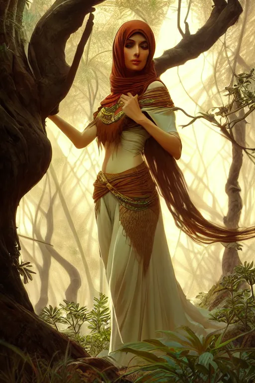 Image similar to beautiful digital painting of a stylish arabian female forest with high detail, 8 k, stunning detail, works by artgerm, greg rutkowski and alphonse mucha, unreal engine 5, 4 k uhd