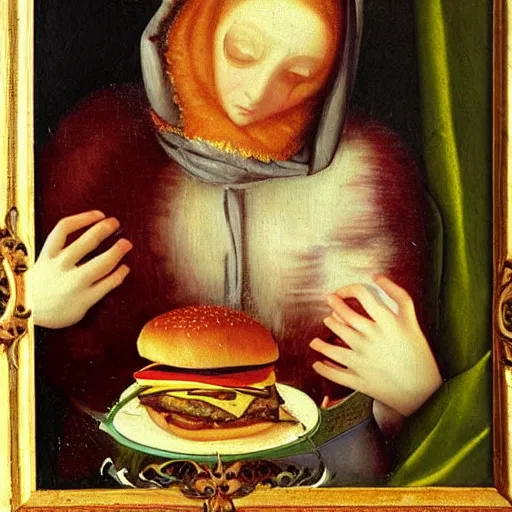 Image similar to a renaissance oil painting of a cat eating a cheeseburger