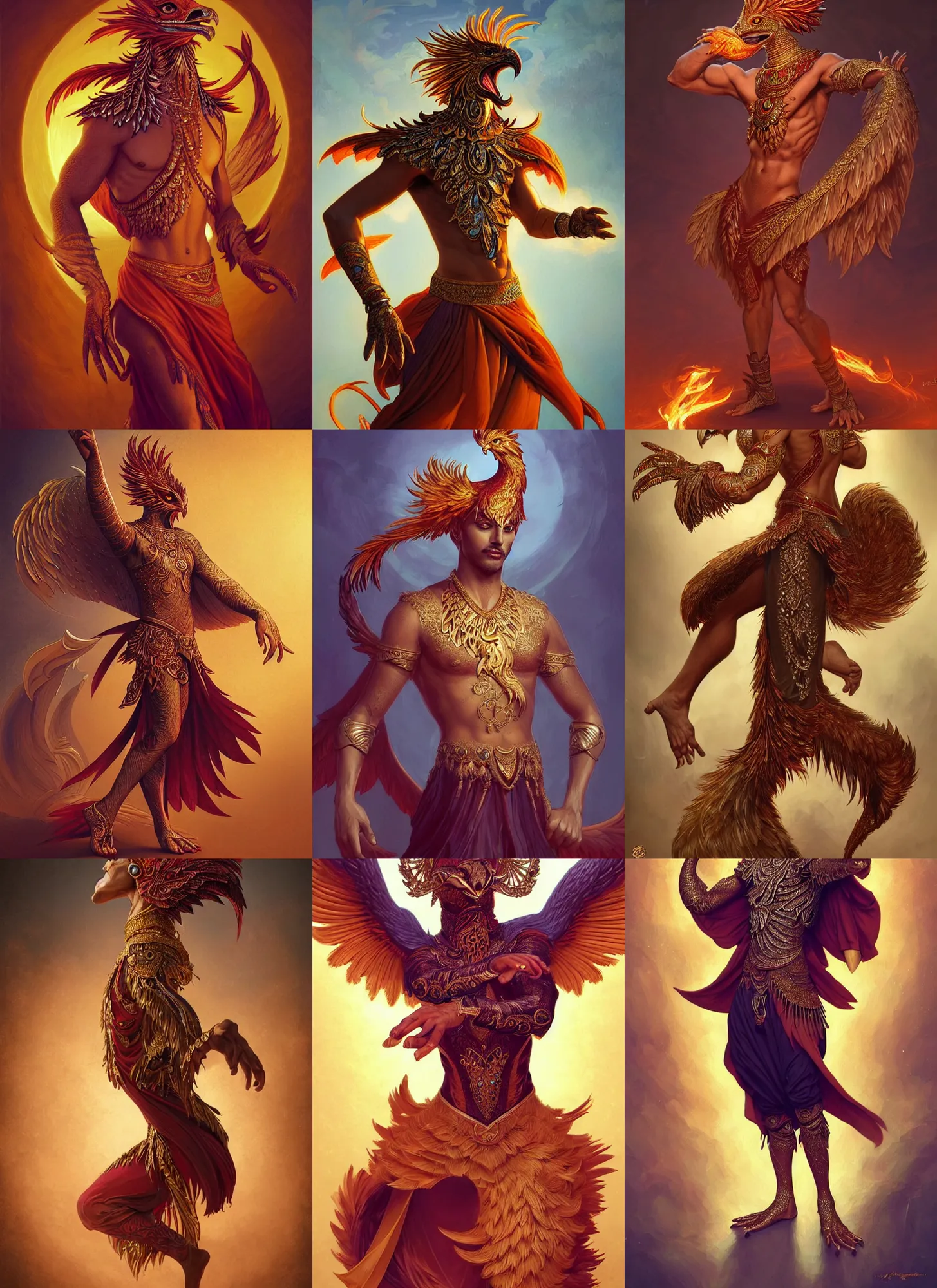 Prompt: full body photograph of a male anthropomorphic phoenix man fursona arabian dancer, deep focus, intricate, elegant, highly detailed, digital painting, artstation, concept art, matte, sharp focus, illustration, d & d, fantasy, hearthstone, art by artgerm and greg rutkowski and alphonse mucha