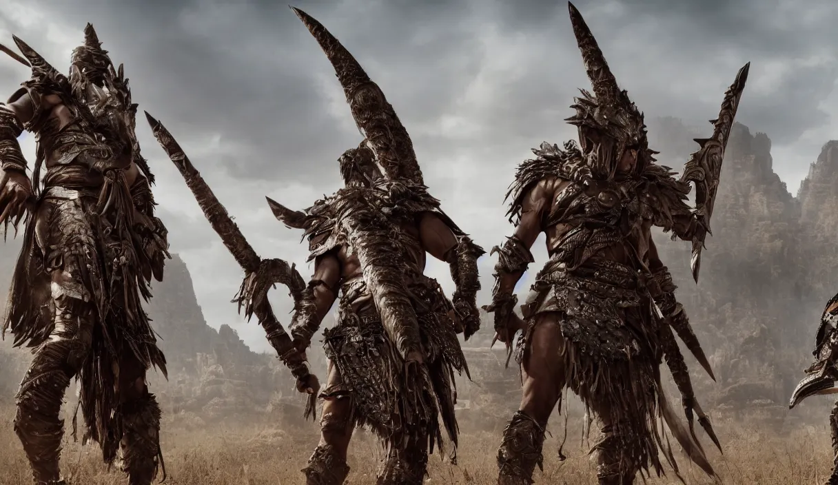 Image similar to panorama photo of two ancient tribesman in armor from monster hunterin the distance, they have futuristic weapons and stands in front of attacking barbarian horde in the background, back shot, muscular bodies, dramatic lighting, cinematic, establishing shot, extremely high detail, photorealistic, 300 the movie,monster hunter the movie, monster hunter, cinematic lighting, artstation, octane render, western,old photo, vintage