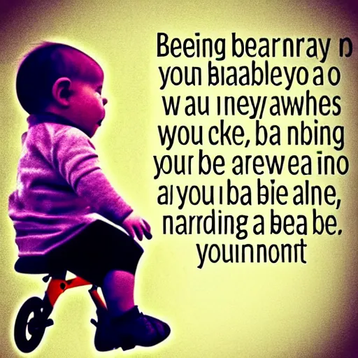 Image similar to Imagine being a baby, not even having learned how to walk yet, and someone tells you that someday you'll have to learn how to ride a bike. It would seem daunting and impossible. Yet, with each new step in the growth process, eventually, riding a bike becomes second nature. Where you are now is not where you will be in a few months or a few years. You can't look at your future goals without taking into consideration your future growth as well. You did so much with so little in the past. Just imagine what you'll do from an elevated state of alignment. fantasy, intricate,elegant, dramatic lighting, emotionally evoking metaphor, highly detailed, photorealistic, digital painting, artstation, concept art, smooth, sharp focus, illustration, art by Krenz Cushart and Alphonse Mucha