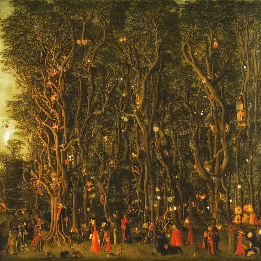 Prompt: a night carnival around a magical tree cavity, with a surreal orange moonlight and fireworks in the background, next to a lake with iridiscent water, christmas lights, folklore animals and people disguised as fantastic creatures in a magical forest by summer night, masterpiece painted by jan van eyck, dark night environment