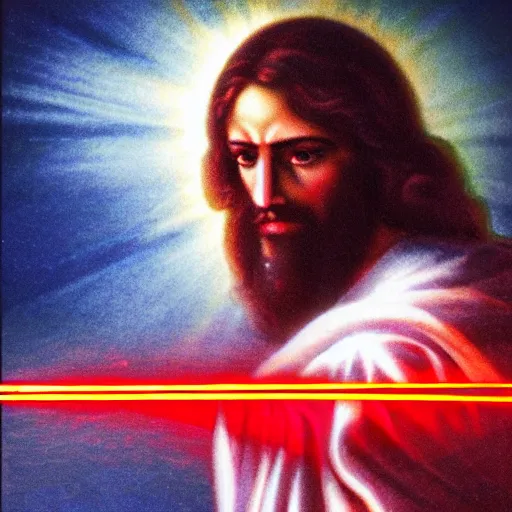 Image similar to Jesus shoot Zeus with red lazers from eyes deep color