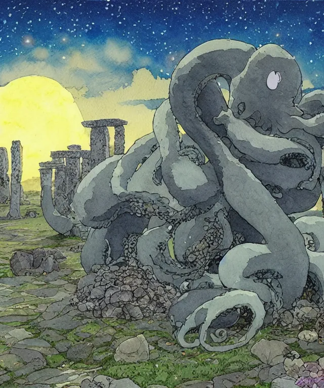 Prompt: a hyperrealist studio ghibli watercolor fantasy concept art. in the foreground is a giant grey octopus liting and putting stones in to place on top of stonehenge with a starry sky. by rebecca guay, michael kaluta, charles vess