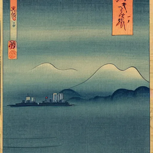 Image similar to ukiyo - e painting of the skyline of singapore hdb