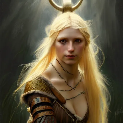 Image similar to portrait of a blond viking girl, surreal, fantasy, intricate, elegant, dramatic lighting, highly detailed, lifelike, photorealistic, digital painting, artstation, concept art, smooth, sharp focus, illustration, art by John Collier and Krenz Cushart and Artem Demura and Alphonse Mucha and Albert Aublet