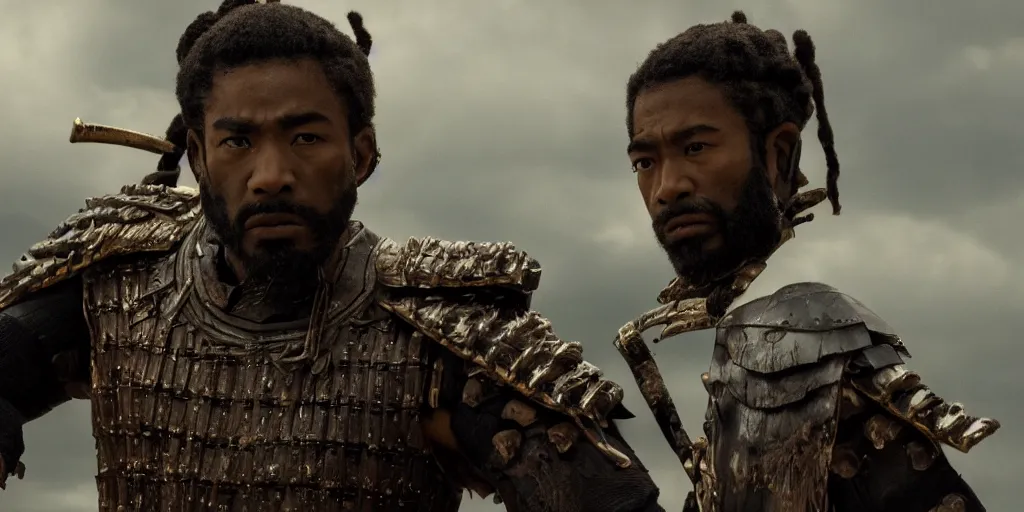 Image similar to a film still of a black man starring in a japanese blockbuster film as ancient samurai, intense, shallow depth of field, cinematic, award winning cgi, vfx, film still