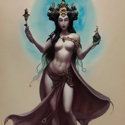 Prompt: full body portrait, long shot, of Goddess of good fortune, wealth, and mischief. Often depicted as a small, celestial woman. Resides in Arcadium, by pete Mohrbacher and Greg Rutkowski, watercolor painting, deviantart, pinterest