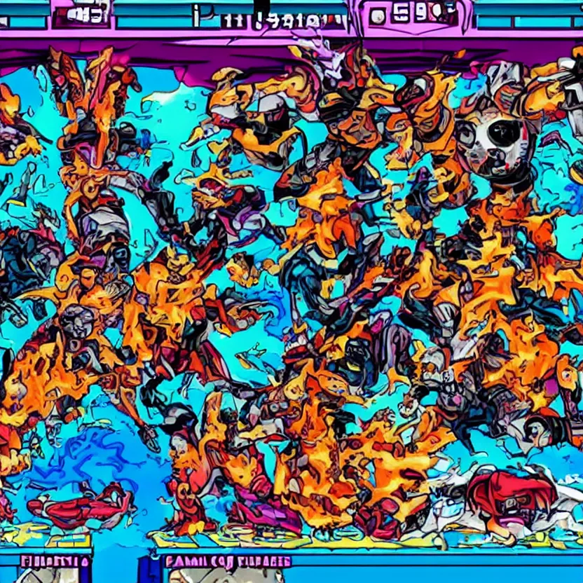 Image similar to family force five facing down a final boss from the last level of an arcade game