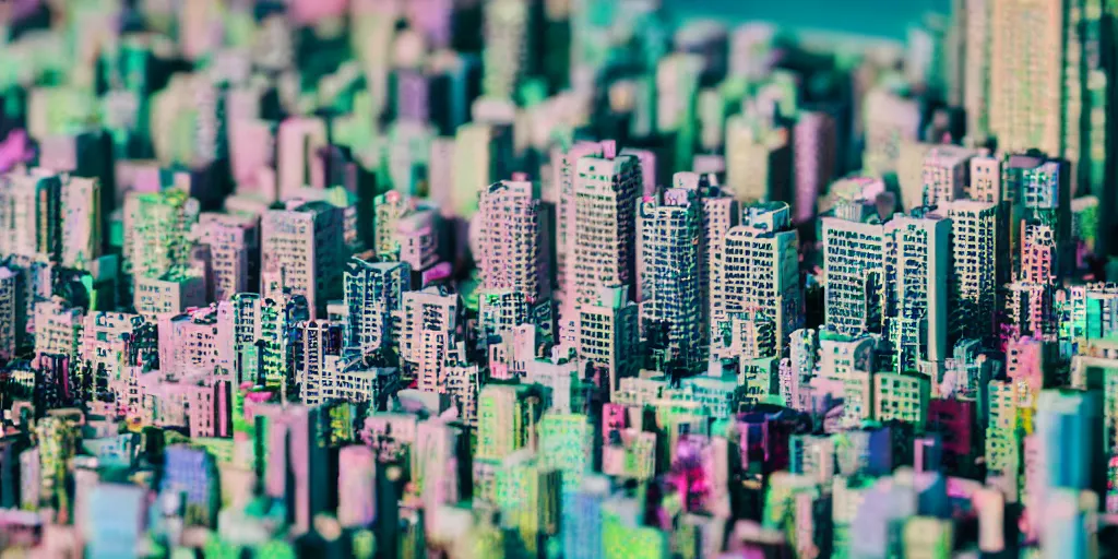 Image similar to macro photo of a miniature vaporwave city, canon 8 0 d, canon 1 0 0 mm f / 2. 8, 4 k,