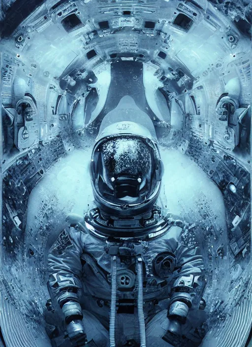 Image similar to astronauts in dark and empty void underwater - complex and hyperdetailed technical suit. mandelbulb fractal. reflection and dispersion materials. rays and dispersion of light. volumetric light. 5 0 mm, f / 3 2. noise film photo. flash photography. ultra realistic, wide angle. poster by wayne barlowe, hajime sorayama aaron horkey, craig mullins
