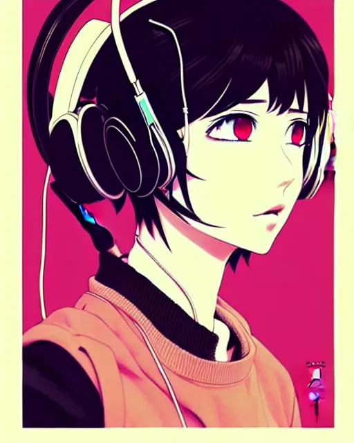 Prompt: girl wearing headphones, very anime!!! anime!! intricate details, high contrast colors, poster background, art by conrad roset and ilya kuvshinov