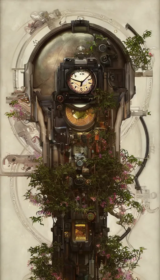 Prompt: hyper realistic time machine schematics, cyberpunk, design on white background, beautiful details, lush foliage, drawn by john singer sargent, tom bagshaw, norman rockwell, alphonso mucha, lolish, trending on artstation