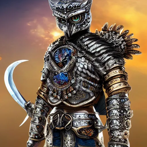 Image similar to warrior with jewel encrust metal owl armour, highly detailed, 4k, HDR, smooth, sharp focus, hyper realistic, high resolution