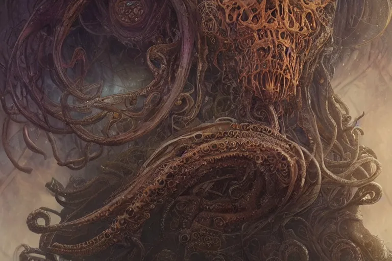 Image similar to a lovecraftian painting of cthulhu face of cosmic horror, cosmic horror elements, ultra realistic, concept art, intricate details, eerie, highly detailed, photorealistic, octane render, 8 k, unreal engine. art by artgerm and greg rutkowski and alphonse mucha