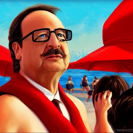 Image similar to a selfie of François Hollande in the show Baywatch, highly detailed, digital painting, artstation, concept art, smooth, sharp focus, illustration, mustach