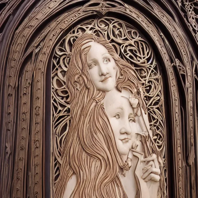 Image similar to a 3 d bas - relief wooden art nouveau carved sculpture of a young molly ringwald with long hair blowing in the wind, in front of a delicate tracery pattern, intricate and highly detailed, well - lit, ornate, realistic