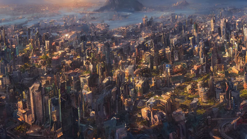 Image similar to city from an eagles view, fantasy artwork, very very very beautiful scenery, hd, hdr, ue5, ue6, unreal engine 5, cinematic 4k wallpaper, 8k, ultra detailed, high resolution, artstation, award winning