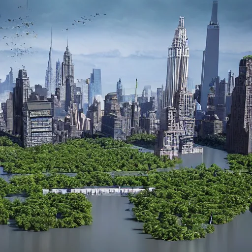 Prompt: ruination flooded new york city in the year 3100, skyscrapers, vegetation growing back onto buildings, people sailing through between the buildings, hyper-realistic, photorealistic, 8k, F5.6, highly detailed, skycrapers, alone