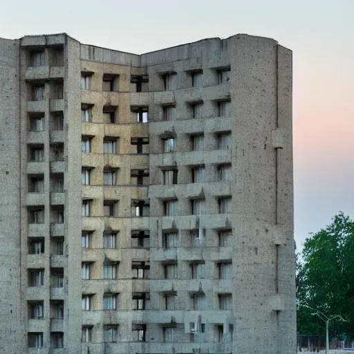 Image similar to a wide shot of a soviet beautiful brutalist monumental multi - building complex, with many rounded elements sprouting from the base tower creating a feel of an organic structure, photography shot at blue hour