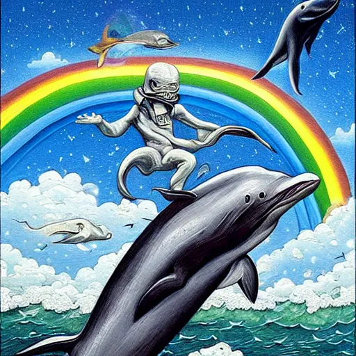 Image similar to a hyper realistic painting of the grim reaper riding a dolphin that is jumping over a rainbow, by joe fenton,