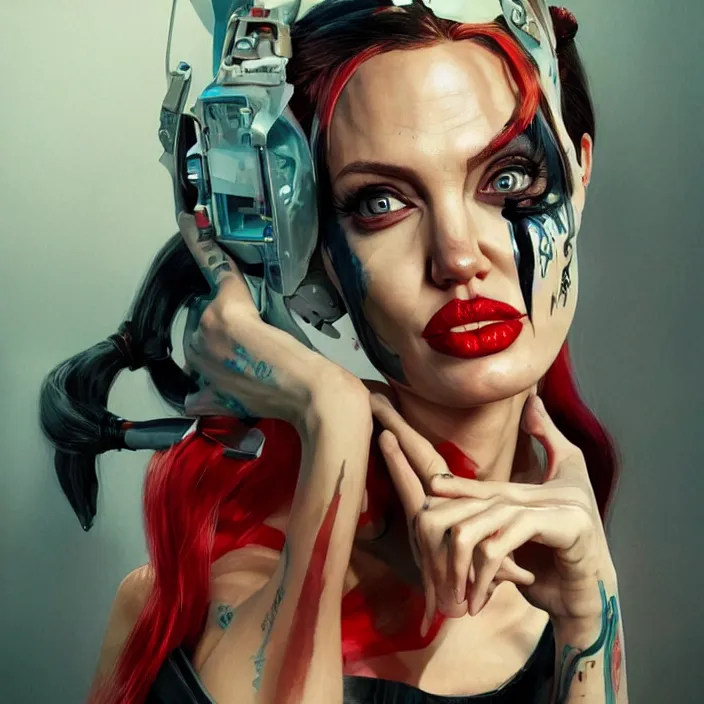 Image similar to portrait of Angelina Jolie as a harley quinn. intricate abstract. intricate artwork. by Tooth Wu, wlop, beeple, dan mumford. octane render, trending on artstation, greg rutkowski very coherent symmetrical artwork. cinematic, hyper realism, high detail, octane render, 8k, iridescent accents