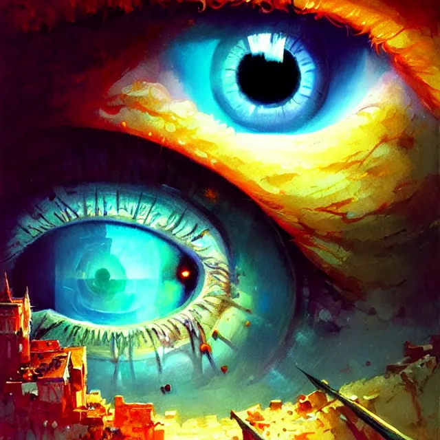 Image similar to microscopic view of the human eye, fantasy landscape is seen inside the iris of the eye, illuminati eye, colorful, sharp and focus, ultra detailed, beautifully lit, in the art style of marc simonetti and john harris