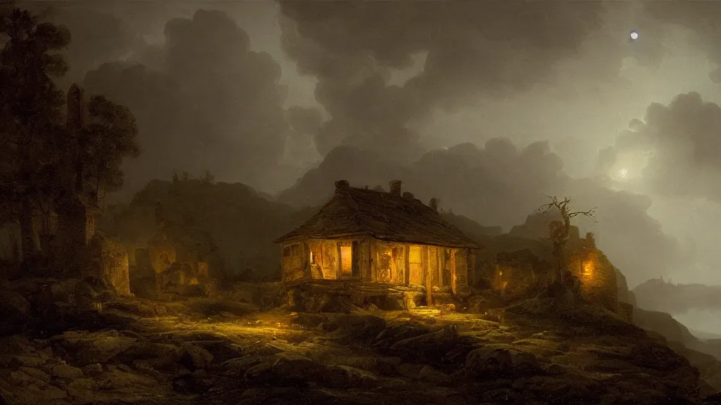 Prompt: A singular rotting cottage on a mountaintop at night, horror painting, by Hubert Robert, hyperrealistic, Blender 8k UHD