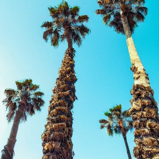 Prompt: corkscrew palm trees, detached trunks floating floating floating in blue sky, random positions floating, flying so we can see the whole trees