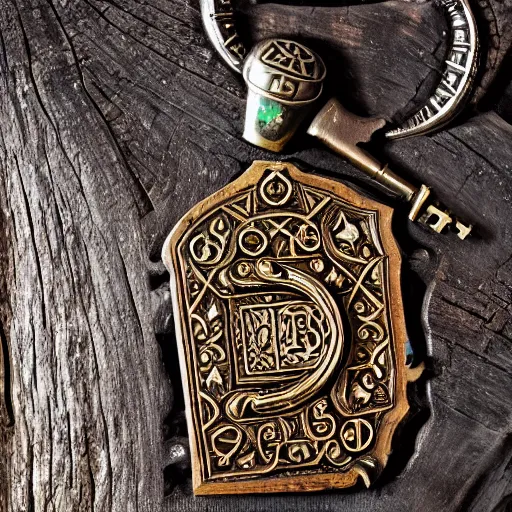 Image similar to a large ornate key with gems and engraved runes, on a rough wooden dungeon table, torchlit, d & d, photo