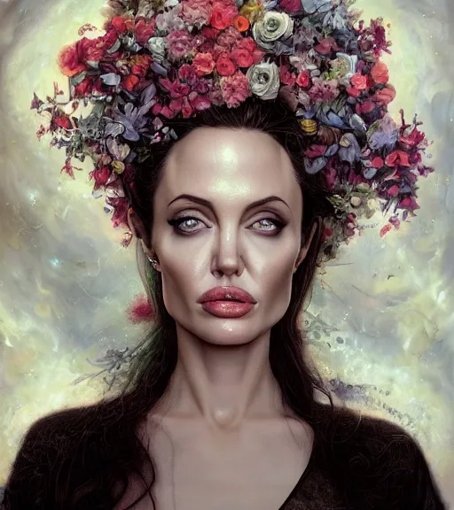 Prompt: portrait of the angelina jolie, surrounded by flowers by karol bak, james jean, tom bagshaw, rococo, symmetrical eyes, trending on artstation, cinematic lighting, hyper realism, octane render, 8 k, hyper detailed.