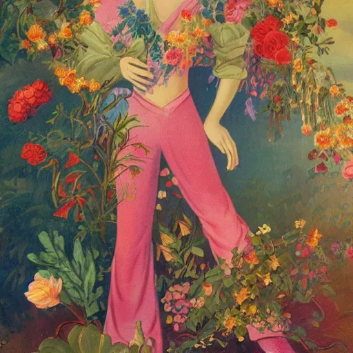 Image similar to A vintage painting with a fantasy world of various flowers and plants, in which there is a figure of a human, dressed in something magical and impressive, inside this clothes infinity is all in sunset light