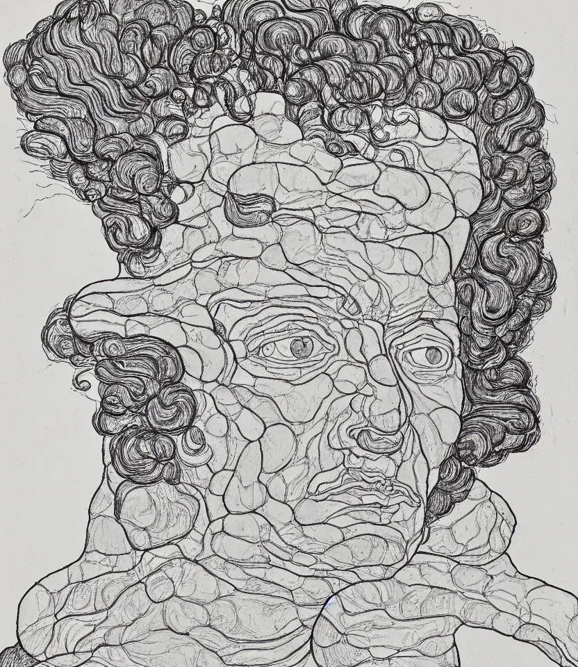 Prompt: detailed line art portrait of william blake, inspired by egon schiele. caricatural, minimalist, bold contour lines, musicality, soft twirls curls and curves, confident personality, raw emotion