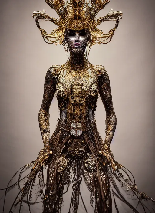 Image similar to a portrait of female model by stefan geselle and nekro borja, photorealistic, intricate details, hyper realistic, fantasy, elegant, ornate metal gold headpiece, photorealistic, canon r 3, photography, wide shot, symmetrical features, wide angle shot, whole body, full body shot, standing pose, feet on the ground, studio background