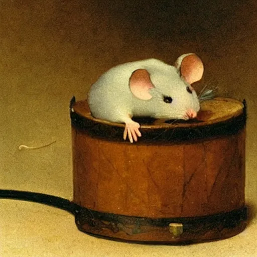 Image similar to mouse with drum, forrest background, by carl spitzweg, close up