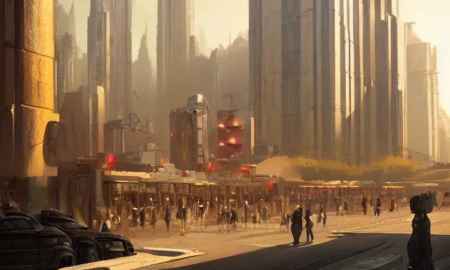 Prompt: A sci-fi digital concept art painting of a street-level view of a utopic art deco city, by greg rutkowski, trending on artstation, clear day, golden hour, highly detailed, matte painting