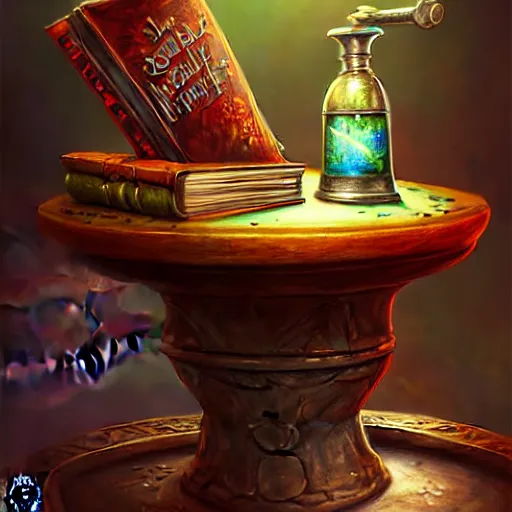 Image similar to photorealistic, table, wizards laboratory, mortar, pestle, scales, magic book, tony sart,