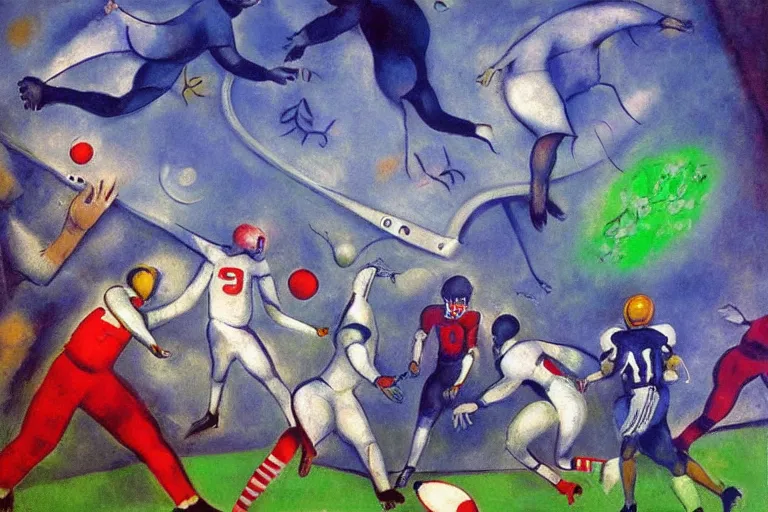 Image similar to ! dream a futuristic football game, painting by chagall, trending on artstation