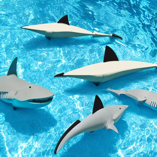 Image similar to full size mechanical sharks in a pool with children