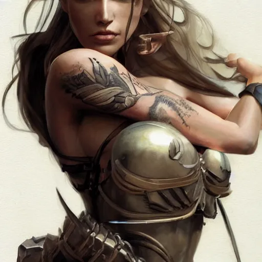 Image similar to tattoo design, a professional painting of a beautiful young female, partially clothed in battle armor, olive skin, long dark hair, beautiful bone structure, symmetrical facial features, intricate, elegant, digital painting, concept art, smooth, sharp focus, illustration, from Metal Gear, by Ruan Jia and Mandy Jurgens and Greg Rutkowski and Artgerm and William-Adolphe Bouguerea and artgerm, cat girl, anime