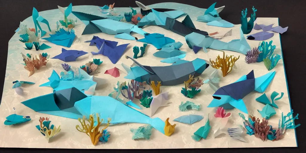 Prompt: paper craft diorama of an underwater party with origami sharks and a mermaid