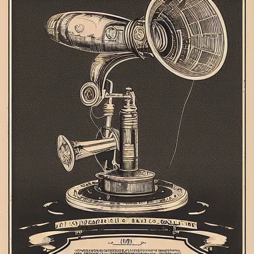 Prompt: “Old steampunk gramophone with antique loudspeakers and lots of wires. Dark, intricate, highly detailed, smooth, 19th century poster in style of Stanislav Vovchuk”