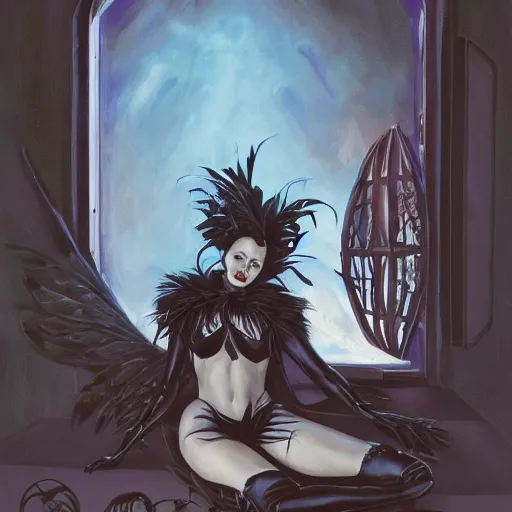 Prompt: Anna pavlova as beautiful dark angel gothic atompunk evil Disney villain queen with black feather hair, feathers growing out of skin, in front of space station window, highly detailed, dreamy, oil painting, Mike mignola, trending on artstation, comic book cover, illustration