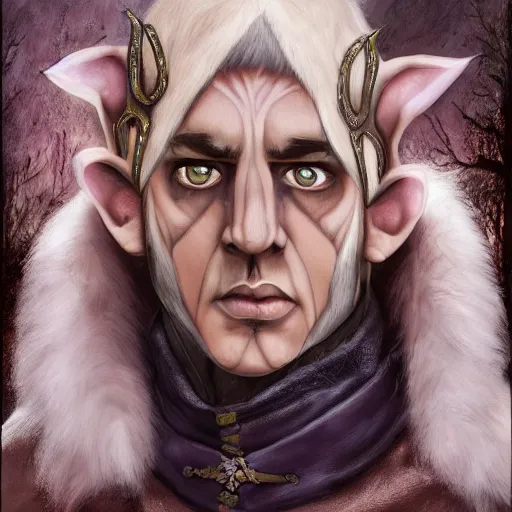 Prompt: oil painting a medieval fantasy tolkien elf, dark purplish hair tucked behind ears, wearing leather with a fur lined collar, wide face, muscular build, scar across the nose, cinematic, character art, l, detailed.