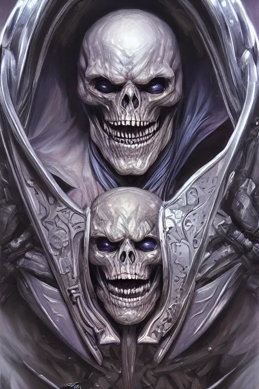 Image similar to ultra realistic illustration, skeletor from masters of the universe, sci - fi, fantasy, intricate, elegant, highly detailed, digital painting, artstation, concept art, smooth, sharp focus, illustration, art by artgerm and alphonse mucha