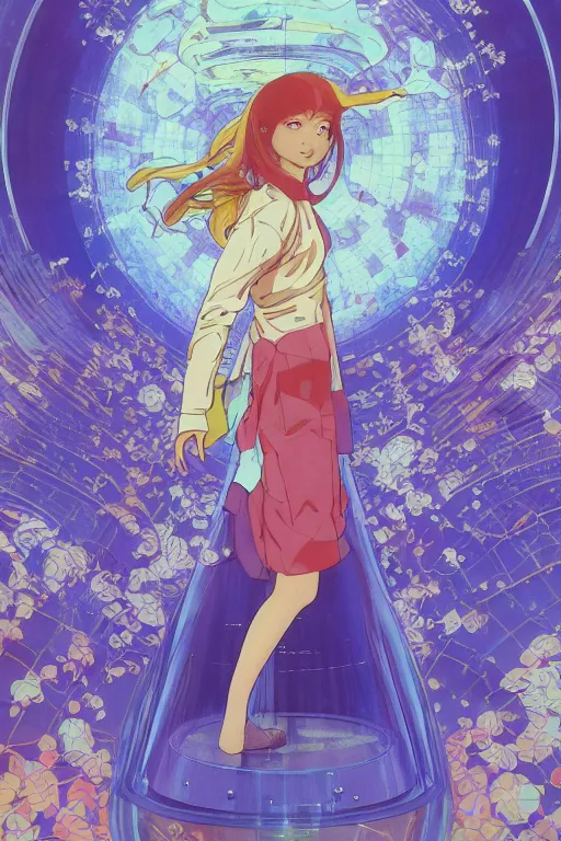 Prompt: full body portrait of a girl floating in a spacestation, yuya nagai, last exile, blue submarine no. 6, loish, murata range, kawaii, studio lighting, anime, manga, vibrant bright colors, japanese, 1980s, beautiful, dreamy, alphonse mucha, gradation, jean giraud, high saturation, fantasy, klimt