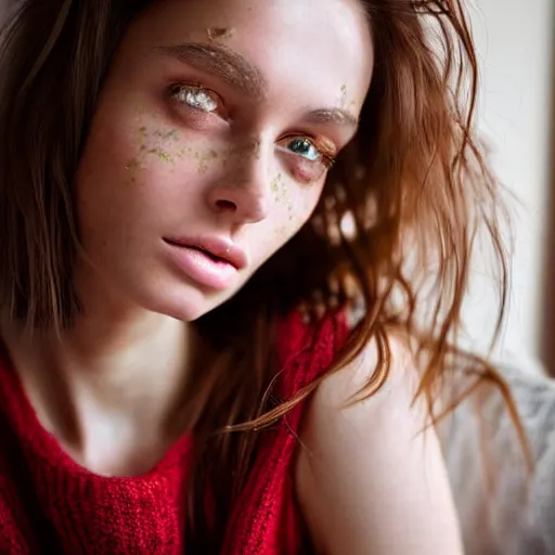 Prompt: intricate portrait of a cute thin young woman, light bronze brown hair, very detailed vivid green eyes, red blush, light freckles, soft smile, casual clothes, relaxing on the couch, home interior, golden hour, close up shot, 8 k, art by irakli nadar, hyperrealism, hyperdetailed, ultra realistic