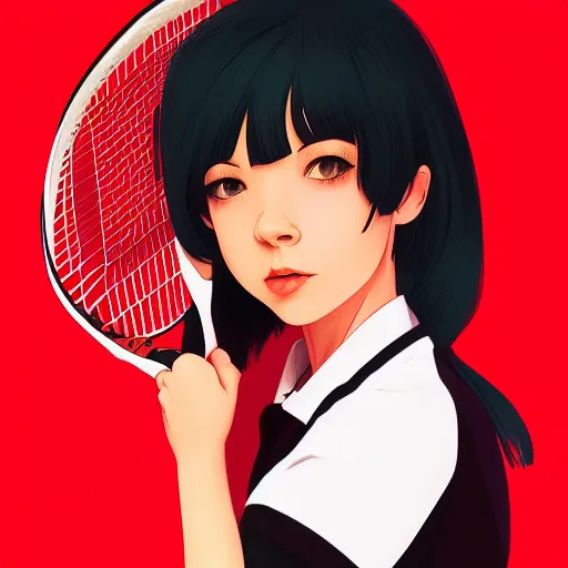 Image similar to a drawing of a woman holding a tennis racquet, a character portrait by Ilya Kuvshinov, cgsociety, shock art, ilya kuvshinov, 2d game art, official art