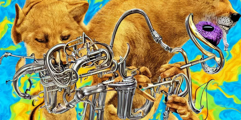 Image similar to highly detailed digital artwork of a dingo - man dingo man dingoman chimera with a salvador dali mustache. he is playing the psychedelic trumpet electronic trumpet.