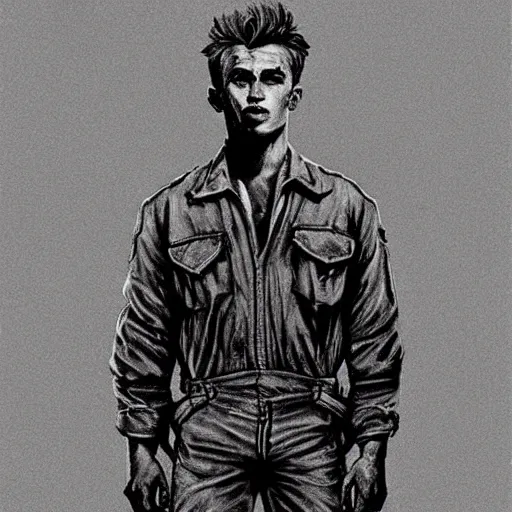 Image similar to a highly detailed epic cinematic concept art CG render digital painting artwork costume design: young James Dean as a well-kept neat anarchist rebel in 1950s USSR mechanic overalls and big boots. By Greg Rutkowski, Ilya Kuvshinov, WLOP, Stanley Artgerm Lau, Ruan Jia and Fenghua Zhong, trending on ArtStation, subtle muted cinematic colors, made in Maya, Blender and Photoshop, octane render, excellent composition, cinematic atmosphere, dynamic dramatic cinematic lighting, aesthetic, very inspirational, arthouse